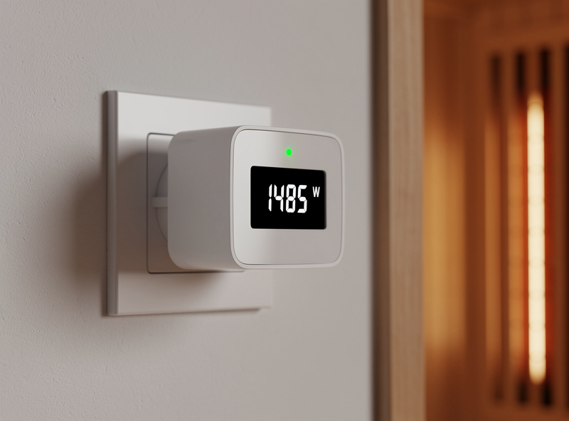 Close-up of a smart plug with energy monitoring screen showing 1485 watts and an LED indicator in the on position, plugged into a wall outlet near a wood-paneled infrared sauna