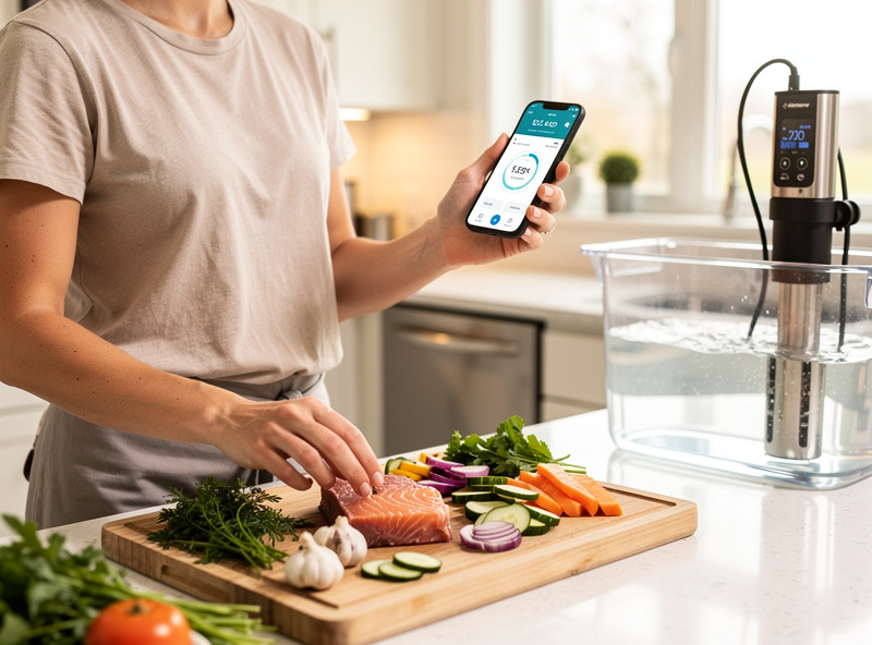 Person setting smart sous vide cook on smartphone app, water bath visible in background