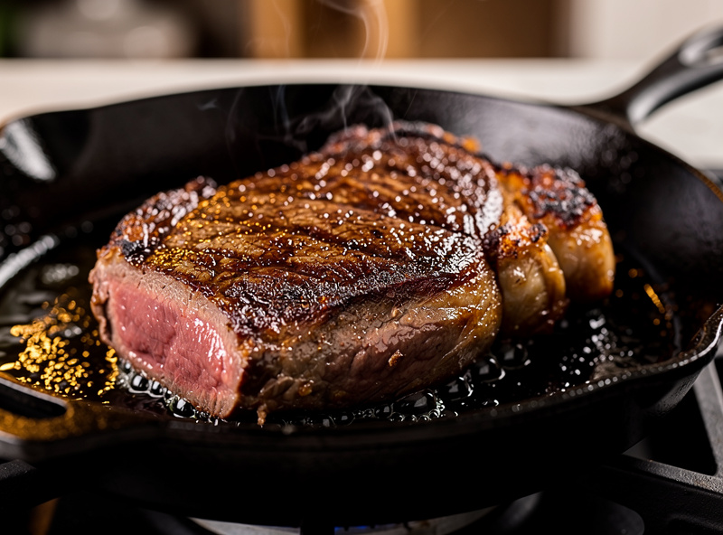 Premium smart sous vide circulator in modern kitchen with cooked steak being seared in pan