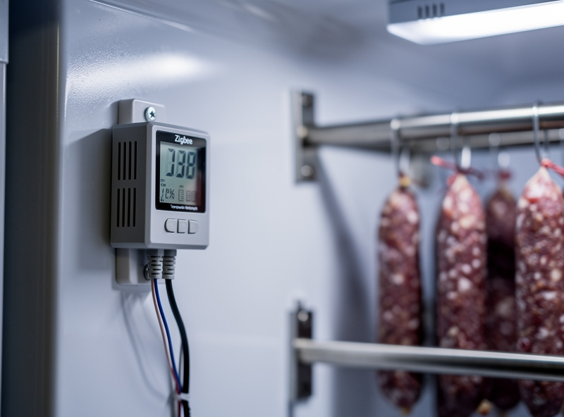 Zigbee temperature and humidity sensor mounted inside a converted refrigerator curing chamber with salami hanging