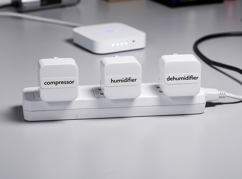 Three smart plugs labeled compressor humidifier dehumidifier on a power strip connected to home automation