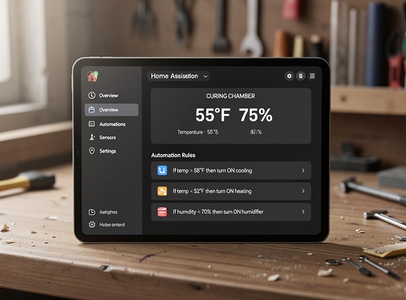 Home Assistant tablet dashboard showing curing chamber climate control with temperature and humidity readings