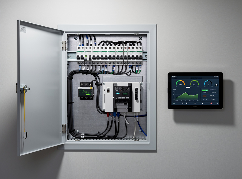 Smart home electrical panel with transfer switch and load shedding contactor and smart breakers showing status LEDs