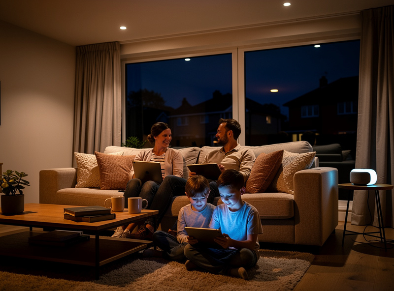 Cozy living room during a power outage with smart home lights still on family using tablets in soft LED downlight