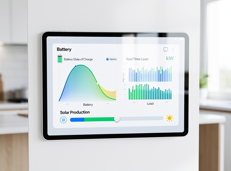 Wall-mounted tablet showing a smart home energy dashboard with battery state of charge graph and solar production meter