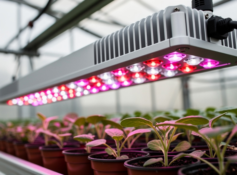 Close-up of a Wi-Fi connected LED grow light fixture above young vegetable seedlings