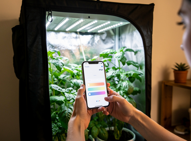 Person setting a grow light schedule on a smartphone in front of an indoor grow tent
