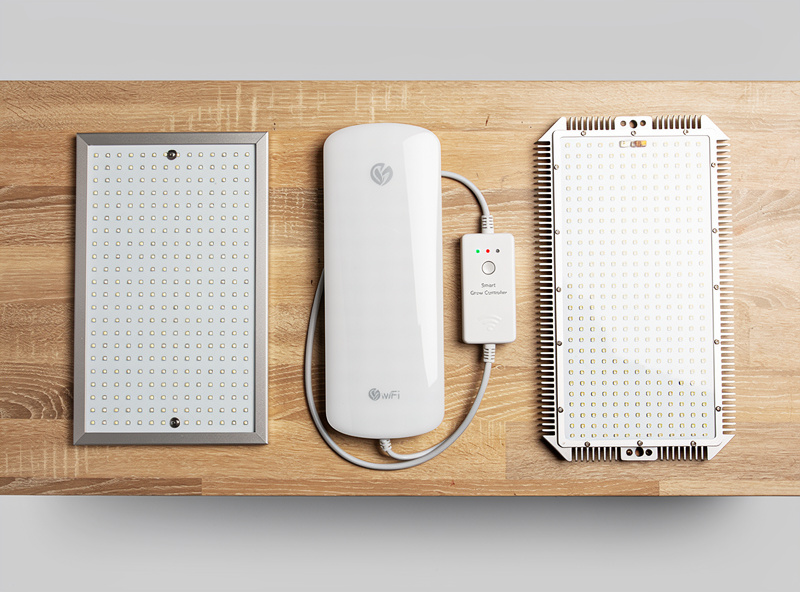 Three different LED grow light fixtures compared side by side: dumb LED panel, Wi-Fi smart light, quantum-board horticultural fixture