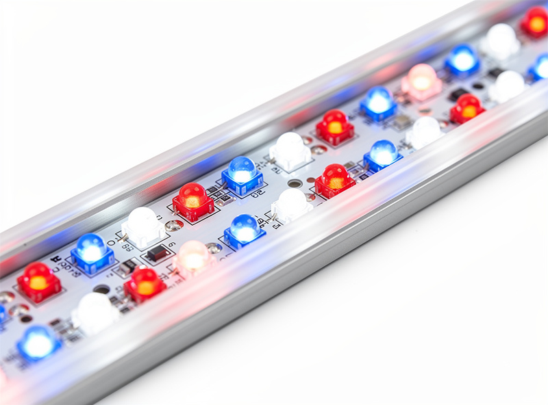 Macro close-up of a full-spectrum LED grow light bar showing red, blue, and white diodes