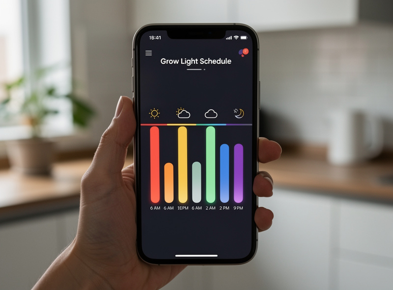 Smartphone screen showing a daily light schedule timeline with intensity bars from 6am to 9pm