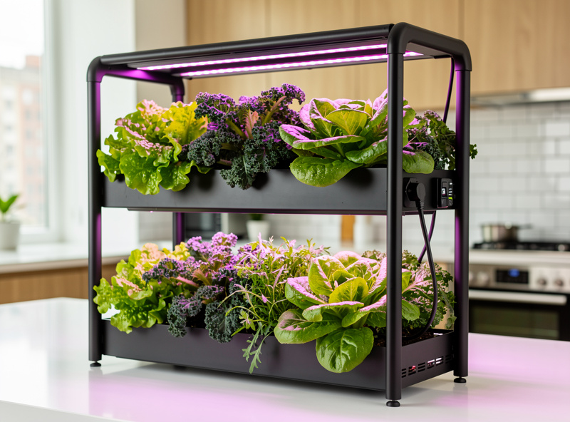 Two-tier indoor hydroponic shelf with lettuce kale and arugula thriving under purple-pink LED grow lights