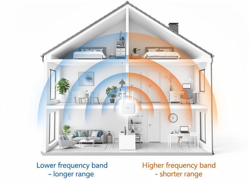 Diagram-style photo of 2.4 GHz and 5 GHz WiFi coverage range differences in a home