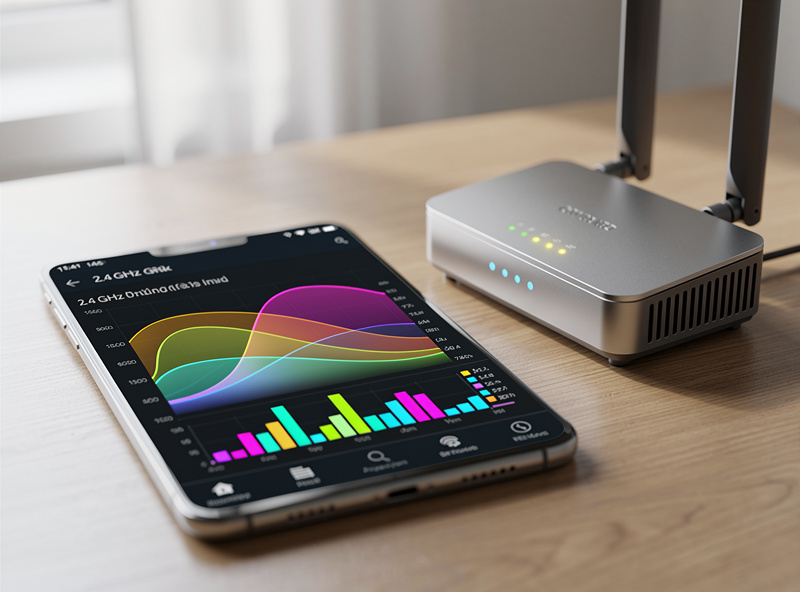 WiFi analyzer app showing 2.4 GHz channels 1, 6, and 11 congestion in a home