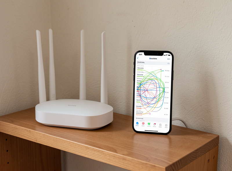A phone showing a Wi-Fi channel analyzer full of overlapping neighbor networks beside an apartment router