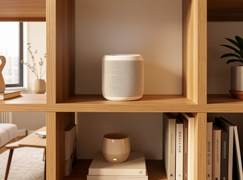A mesh Wi-Fi node placed centrally on a bookshelf in an apartment living room