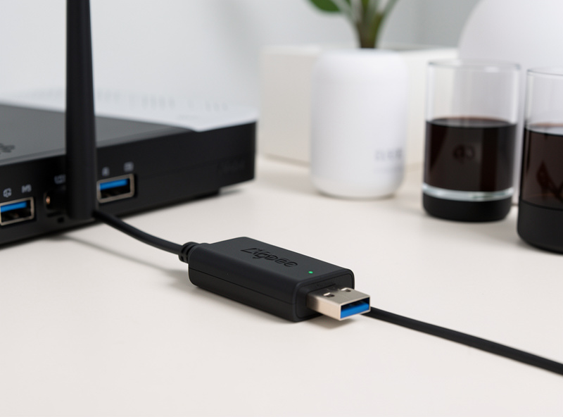 A Zigbee USB coordinator on a short extension cable kept away from the router to avoid interference