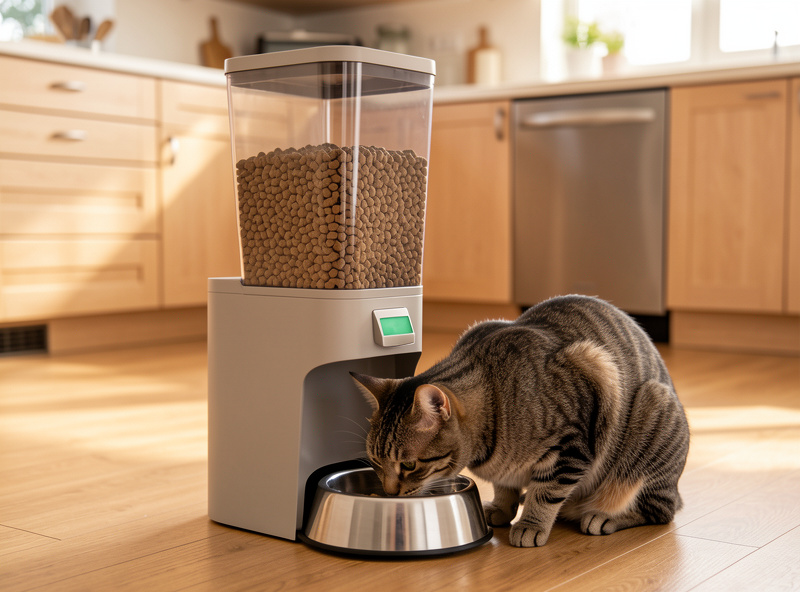Automatic pet feeder with a large kibble hopper on a kitchen floor, a cat eating from the stainless bowl beneath it