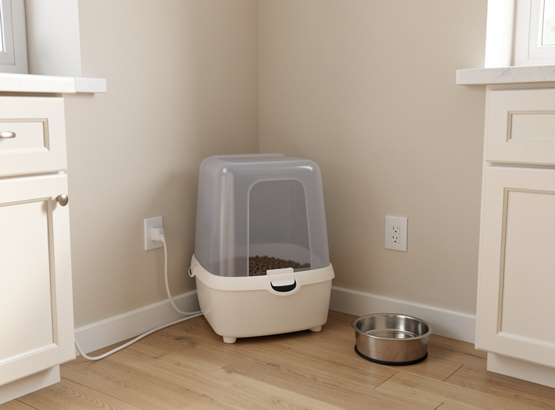 Automatic pet feeder positioned in a corner away from a water bowl, with a power cable routed to a wall socket