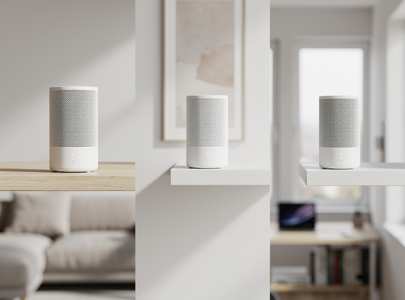 Three matching white mesh WiFi nodes placed around a home for whole-house smart device coverage