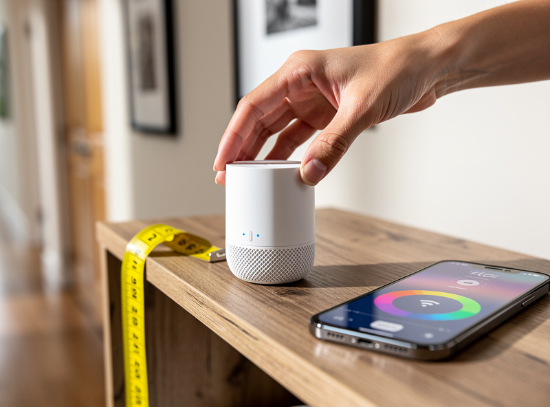 Person placing a mesh WiFi node on a shelf two-thirds of the way toward a weak coverage area