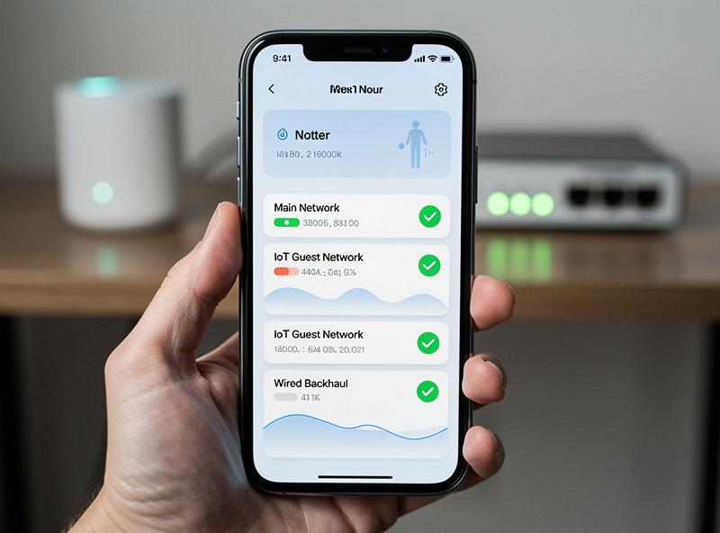 Mesh router admin app showing a dedicated IoT network and wired backhaul status for smart home devices