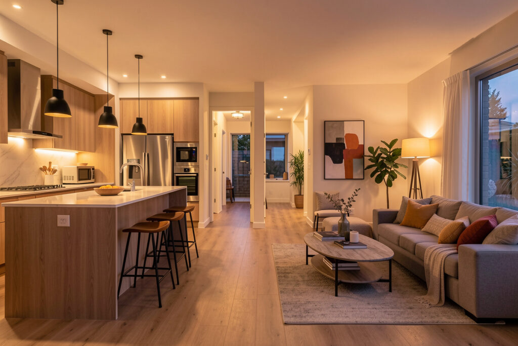 Multiroom wireless speakers playing in sync across rooms of a modern home