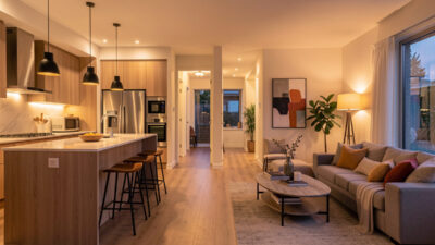 Multiroom wireless speakers playing in sync across rooms of a modern home