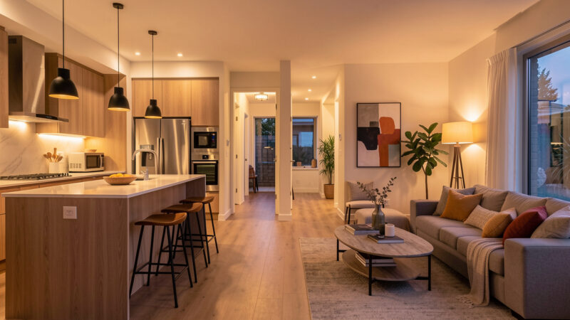 Multiroom wireless speakers playing in sync across rooms of a modern home