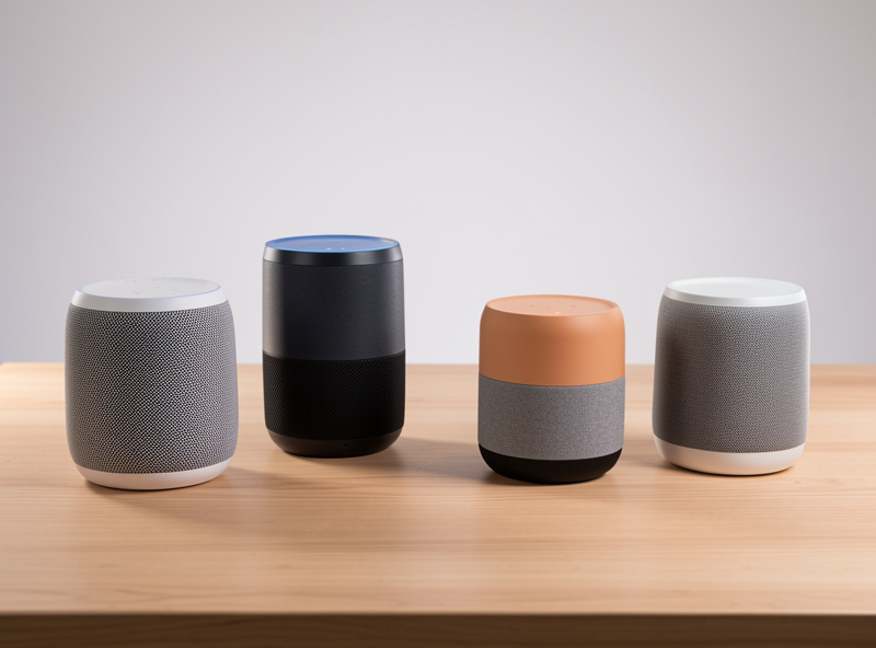Several wireless multiroom speakers placed in different rooms of a home playing in sync