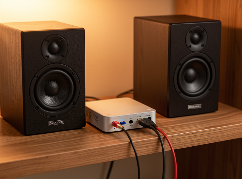 A compact network audio streamer connected to bookshelf speakers on a shelf