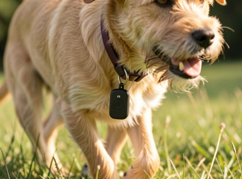 Small GPS tracker attached to a dog collar, the dog running in a grassy field