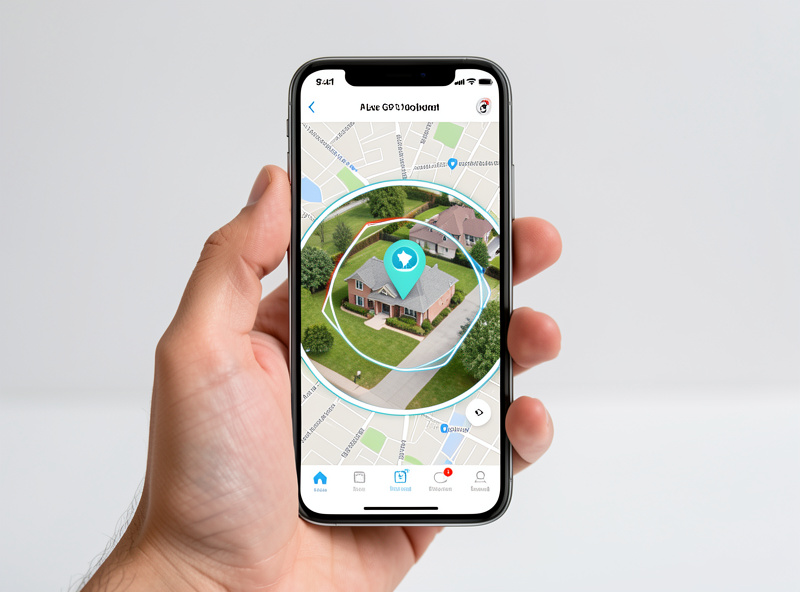 Phone app showing a live map with a pet's GPS location and a geofence boundary around a house