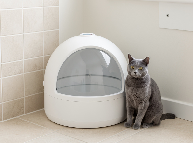 Modern enclosed automatic self-cleaning litter box in a bathroom, a cat sitting beside it