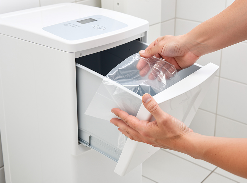 Close-up of a self-cleaning litter box waste drawer being removed with a sealed bag