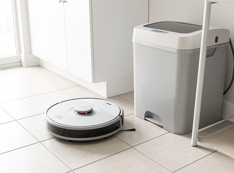 A robot vacuum cleaning the floor near an automatic litter box in a utility area