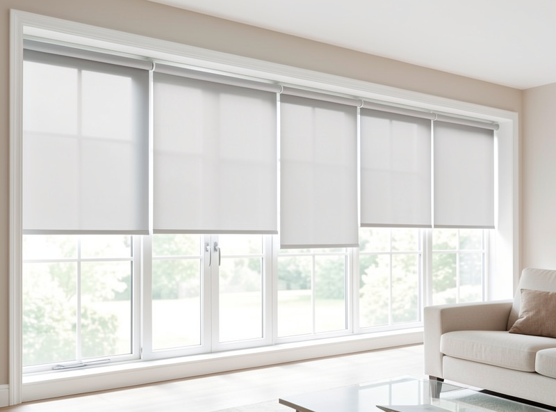 Several motorized roller shades mounted across a wide window in a bright room