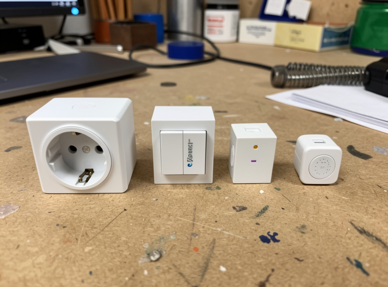 A row of local-control smart home building blocks: Zigbee plug, in-wall relay and temperature sensor on a workbench