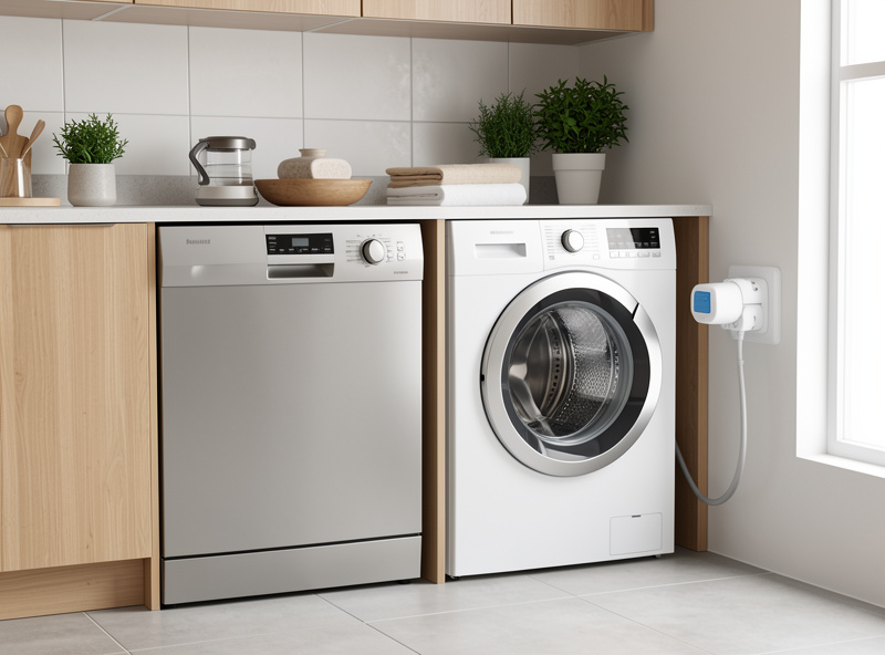 Dumb dishwasher and washing machine each fitted with a local-control energy plug in a modern utility room