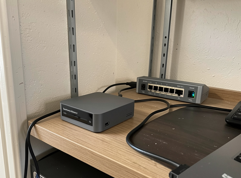 Home Assistant running on a small local mini-PC hub next to a network switch in a home utility space