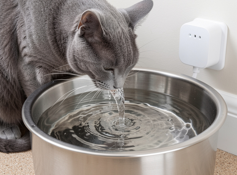 Stainless steel pet water fountain with a flowing stream, a cat drinking, on a kitchen floor near a smart plug