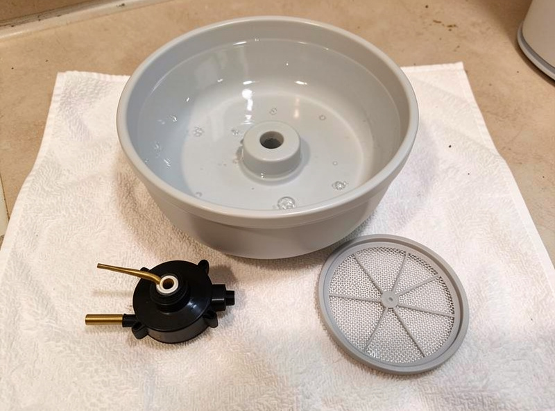 Disassembled pet water fountain showing the pump and replaceable filter laid out for cleaning