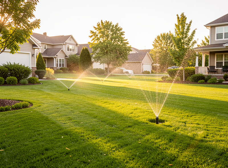 Smart sprinkler system watering a lush green lawn with smartphone app control