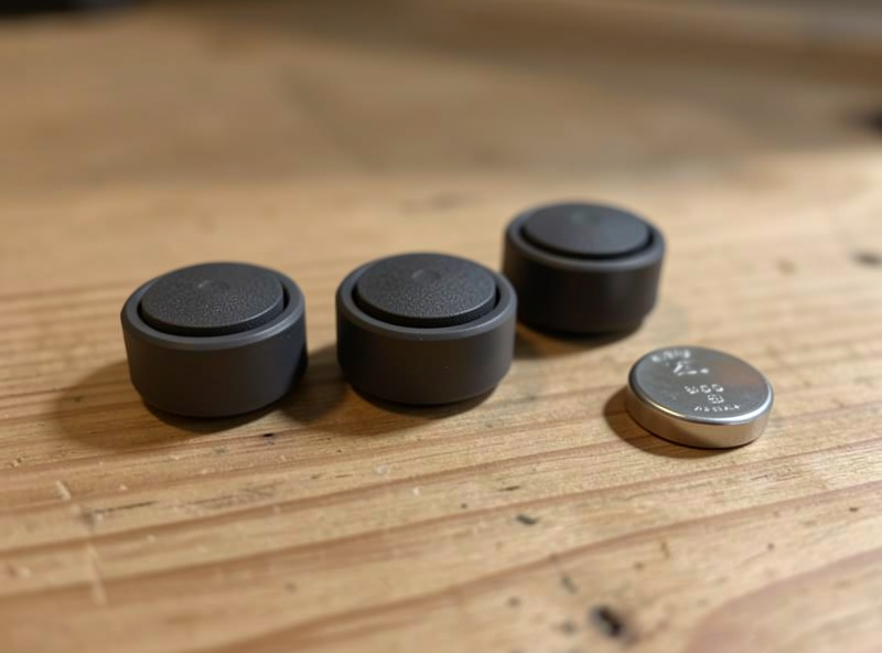 Several small water leak sensor pucks arranged on a workbench next to a coin cell battery