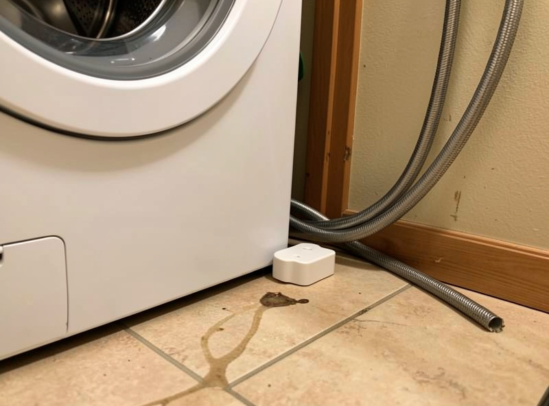 Water leak sensor placed on the floor behind a washing machine next to braided supply hoses