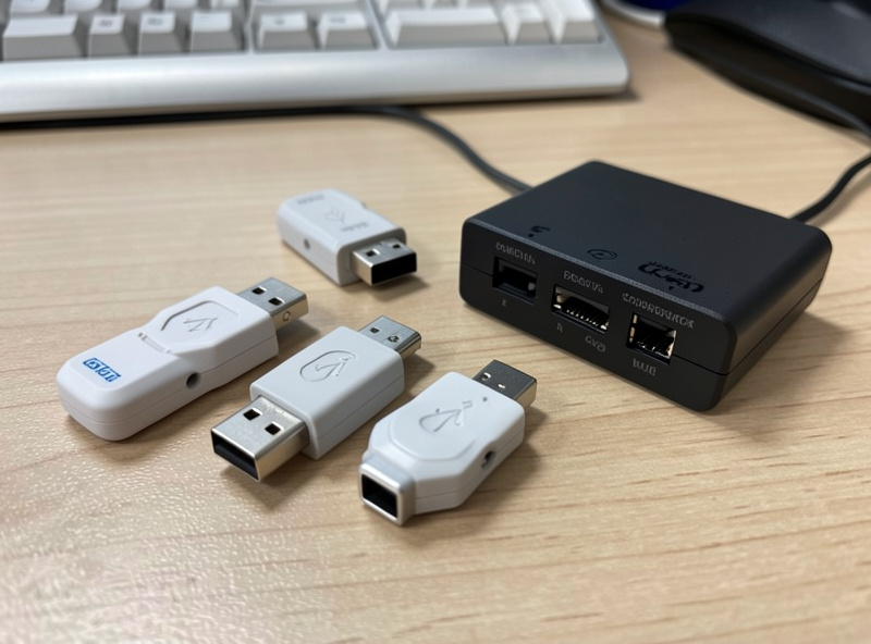Several Zigbee USB coordinator dongles and a small Ethernet network coordinator laid out on a desk