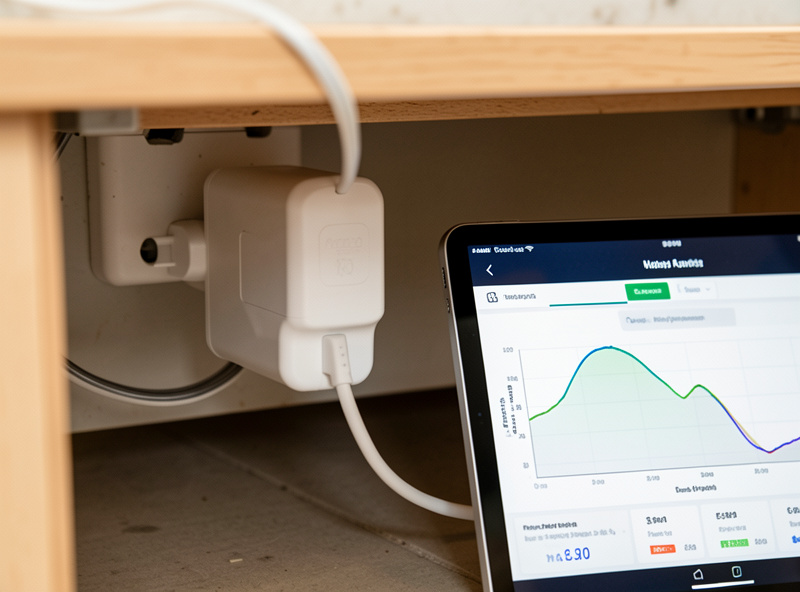 Energy-reporting smart plug on a dishwasher outlet under a kitchen counter with a tablet showing the power curve