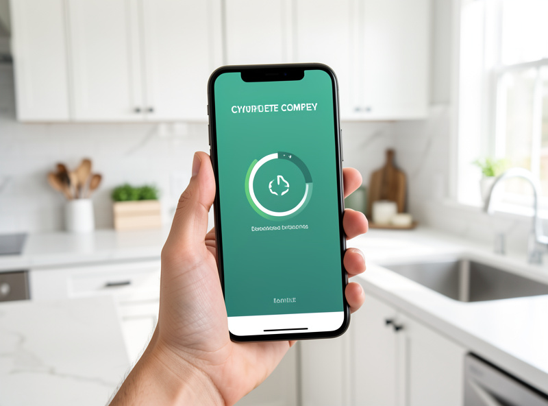 Phone showing a dishwasher cycle complete notification in a modern kitchen