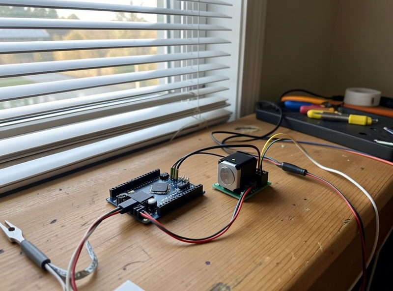 ESP32 board wired to a small stepper motor and driver on a workbench next to a blind