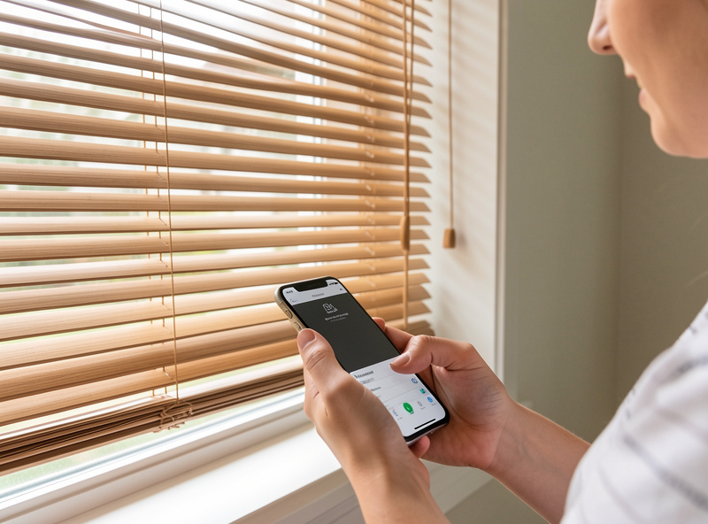 Finished DIY converted venetian blind on a window controlled from a phone app