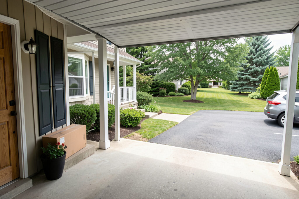 Porch and driveway seen from a garage eave camera with a delivered parcel on the doorstep